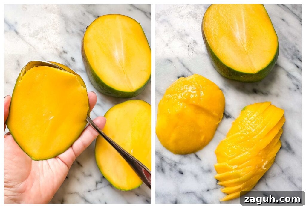 Process shots of cutting the mango into slices