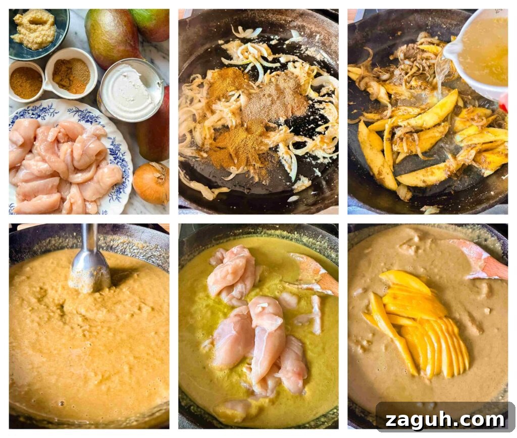 Process shots of mango an chicken being sliced and prepared then cooked in a pan into a curry