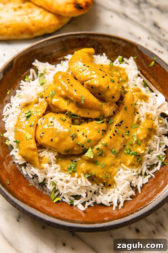 Top down shot of mango chicken curry on a bed of coconut rice on a plate topped with cilantro and Nigella seeds