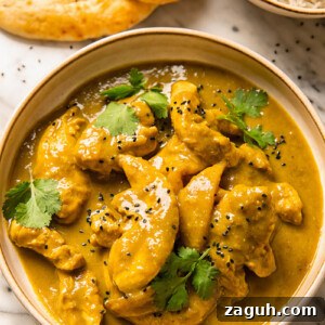 Top down shot of rich chicken and mango curry in a bowl topped with fresh cilantro