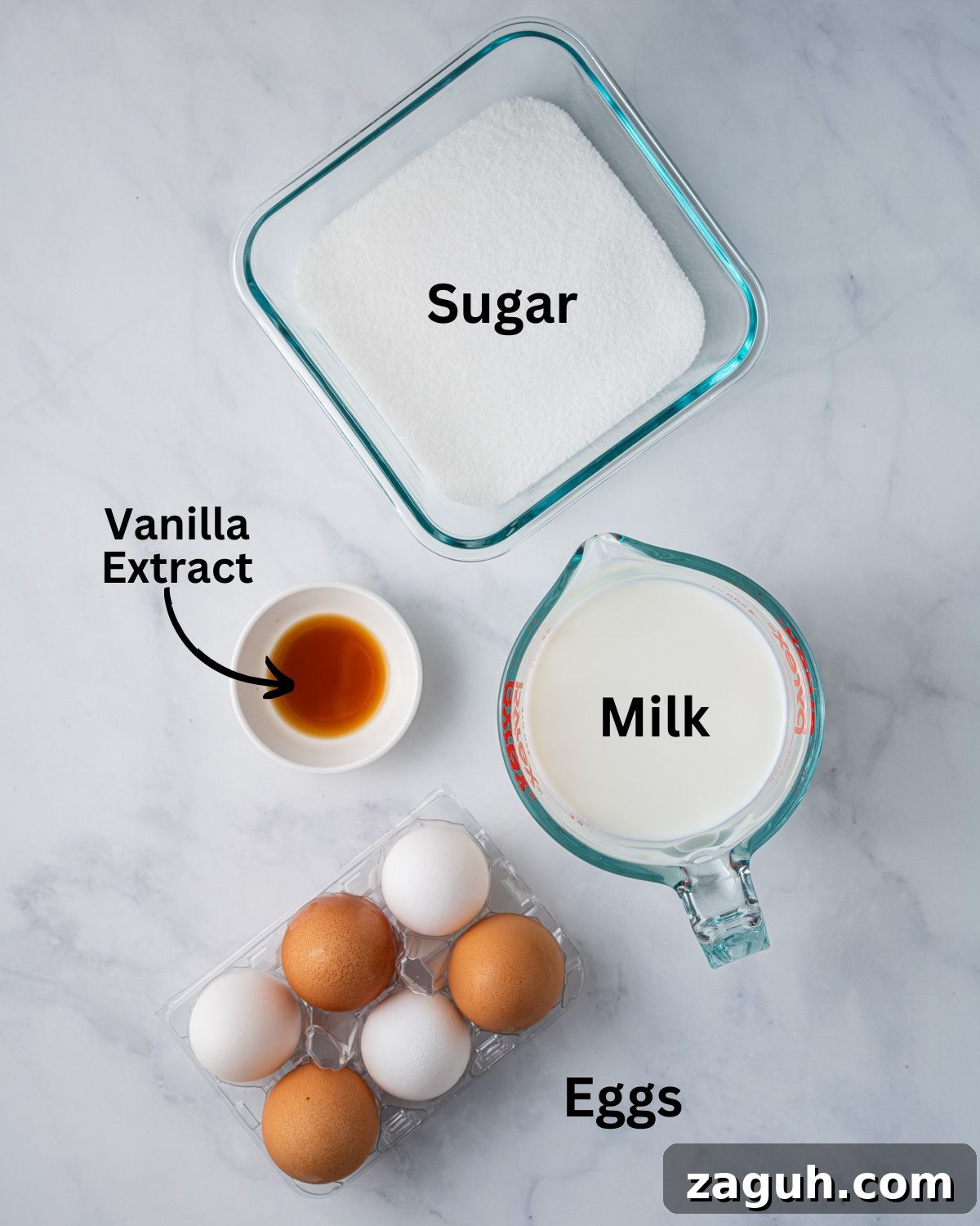 Creamy Vietnamese Bánh Flan Recipe — Classic Caramel Custard 4 Ingredients needed for banh flan: eggs, milk, sugar, and vanilla extract.