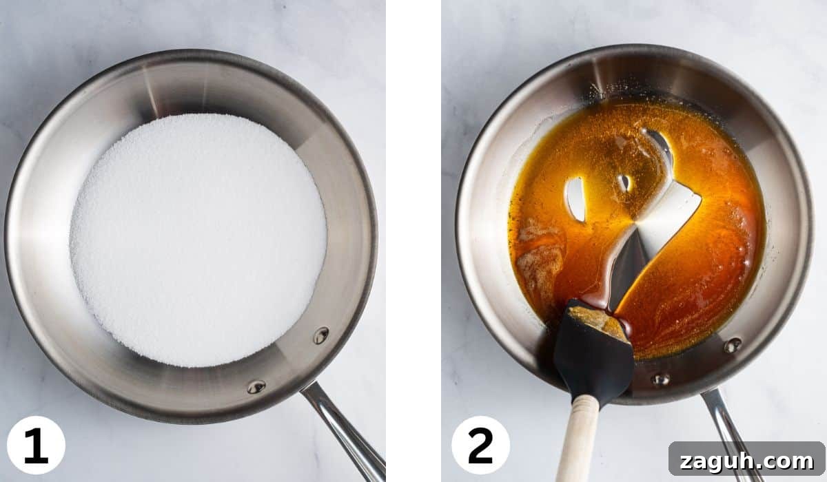 Creamy Vietnamese Bánh Flan Recipe — Classic Caramel Custard 5 Making caramel sauce in pan.