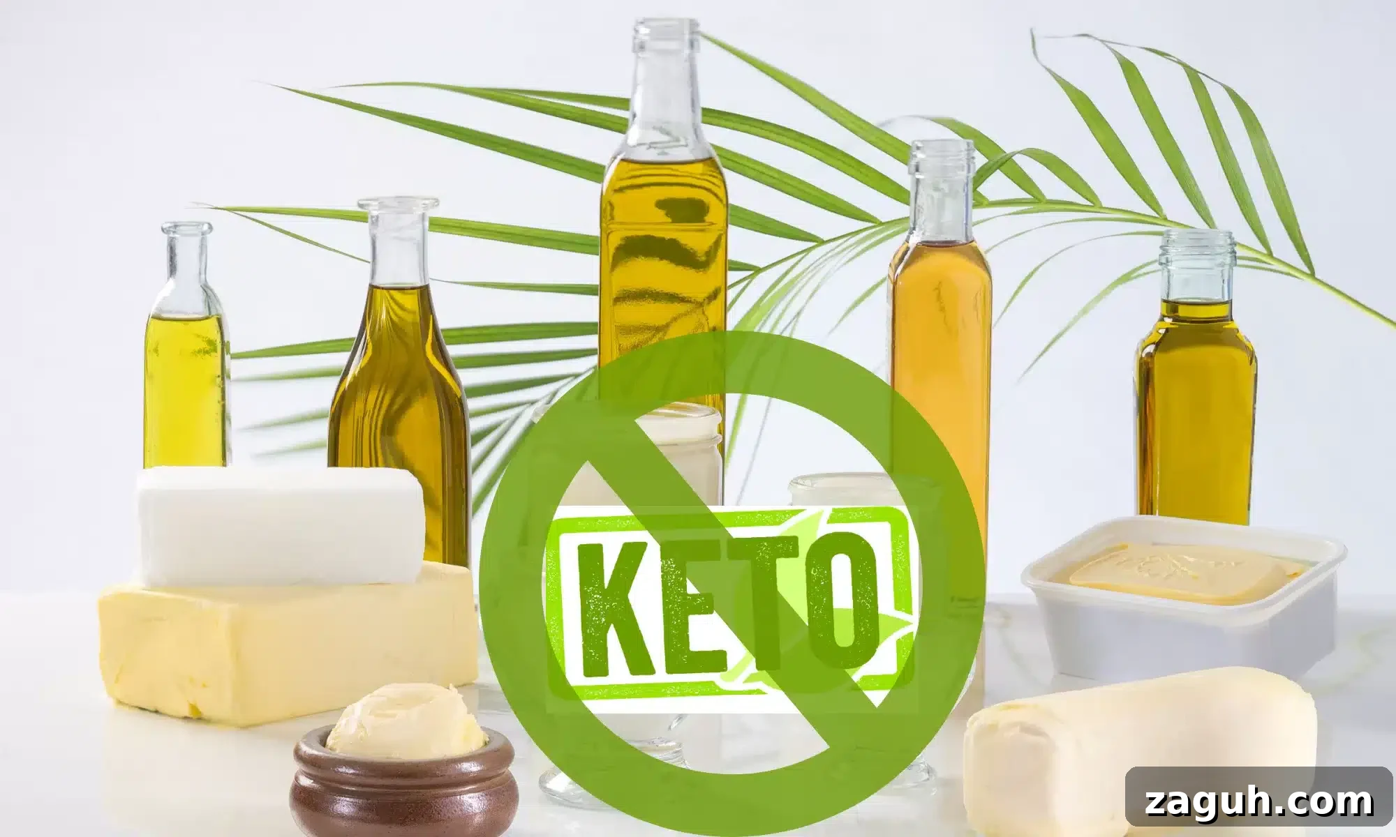 Cooking Oils and Fats to Avoid on Keto: What Not to Use 2 An assortment of cooking oils and fats, along with the keto logo strikethrough.