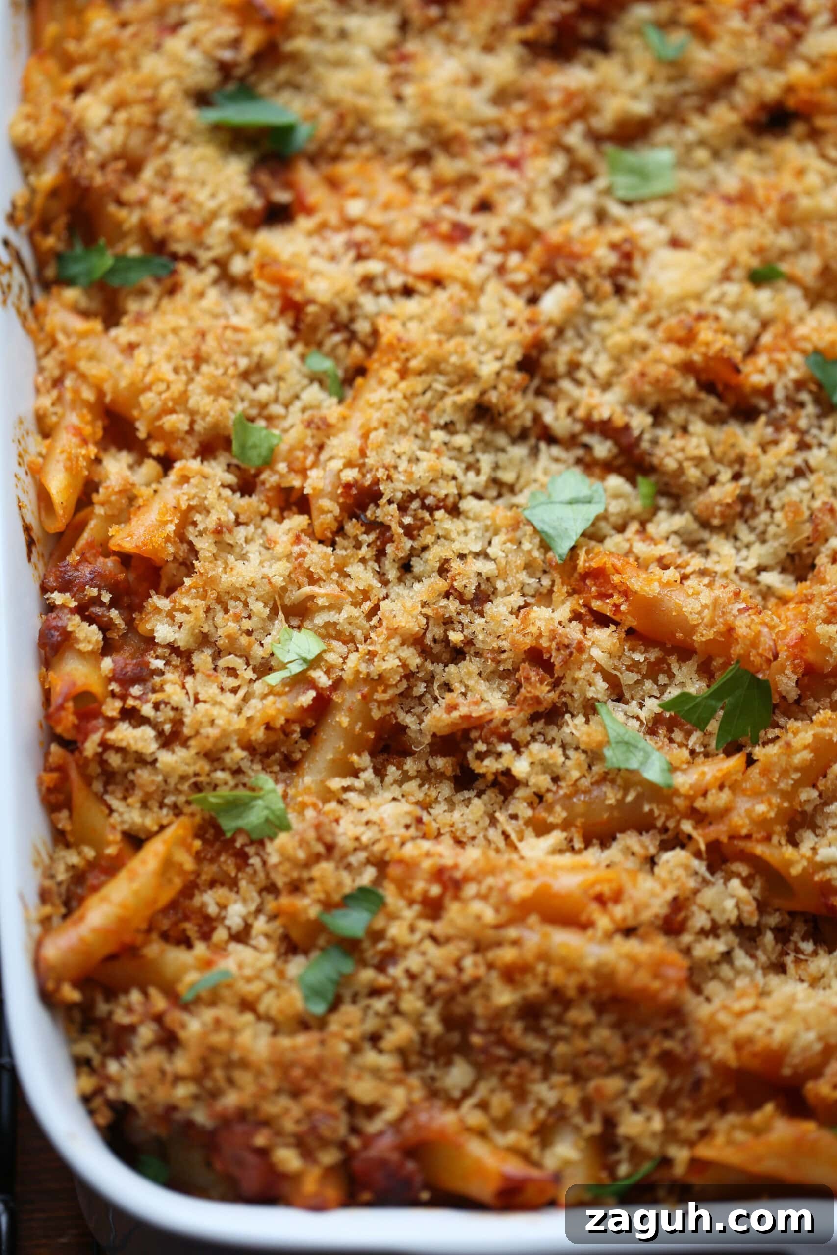 Creamy Baked Mostaccioli with Melted Cheese 13 Close up of baked mostaccioli topped with parmesan cheese and breadcrumbs.