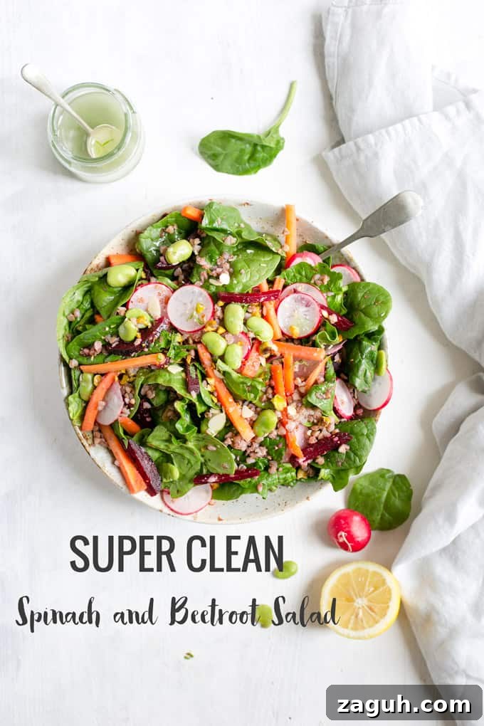 Crisp Spinach and Beetroot Salad with Lemon Vinaigrette 10 Super clean spinach and beetroot salad with bulgur wheat! It's packed with crunchy, fresh vegetables and drizzled with lemon and olive oil dressing. Perfect for lunch or dinner! #saladrecipe #spinachsalad #cleaneating | via @annabanana.co