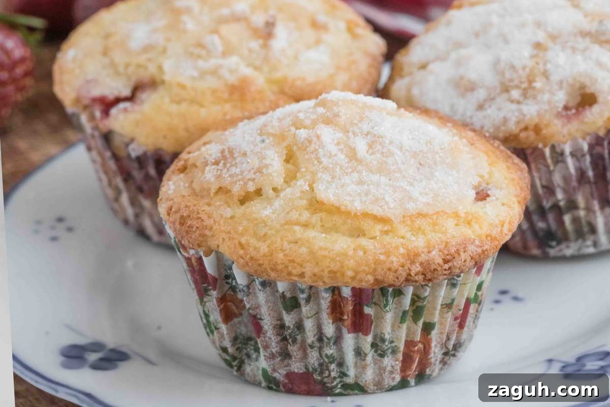 Fresh Strawberry Sourdough Muffins Recipe for Soft, Tangy Loaves 11 Three muffins on a plate with a floral design, topped with sugar, with strawberries in the background.