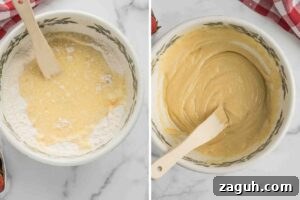 Fresh Strawberry Sourdough Muffins Recipe for Soft, Tangy Loaves 5 Two images side by side: one showing wet ingredients being added to dry ingredients in a mixing bowl, the other showing the mixed batter.