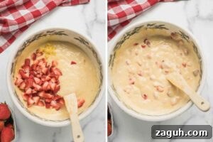 Fresh Strawberry Sourdough Muffins Recipe for Soft, Tangy Loaves 6 Two images side by side: one showing diced strawberries and lemon zest being added to the batter, the other showing the batter mixed with strawberries.
