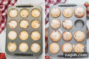 Fresh Strawberry Sourdough Muffins Recipe for Soft, Tangy Loaves 9 Two images side by side: one showing muffin batter in a tin topped with lemon sugar before baking, the other showing the muffins after baking