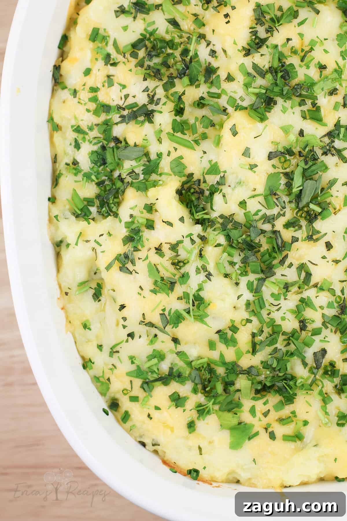 Creamy Gruyère, Garlic & Gouda Mashed Potatoes Recipe 4 close, top down view of prepared recipe