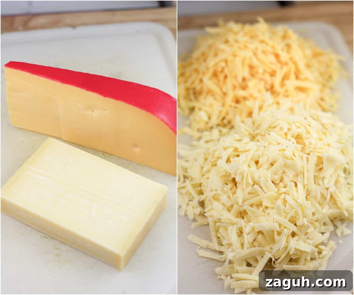 Creamy Gruyère, Garlic & Gouda Mashed Potatoes Recipe 5 collage of 2 photos: left, blocks of Gouda and Guyere cheeses; right, both cheeses shredded