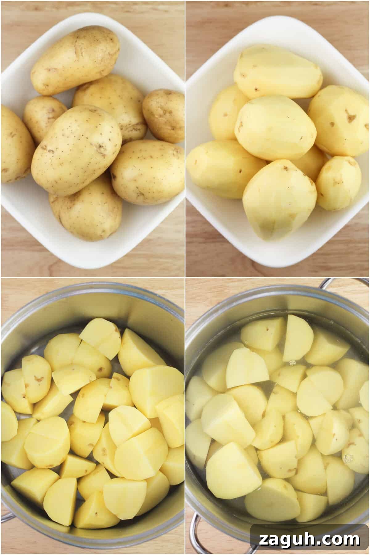 Creamy Gruyère, Garlic & Gouda Mashed Potatoes Recipe 6 collage of 4 photos: Yukon potatoes; peeled potatoes; quartered potatoes in pot; potatoes in pot covered with water