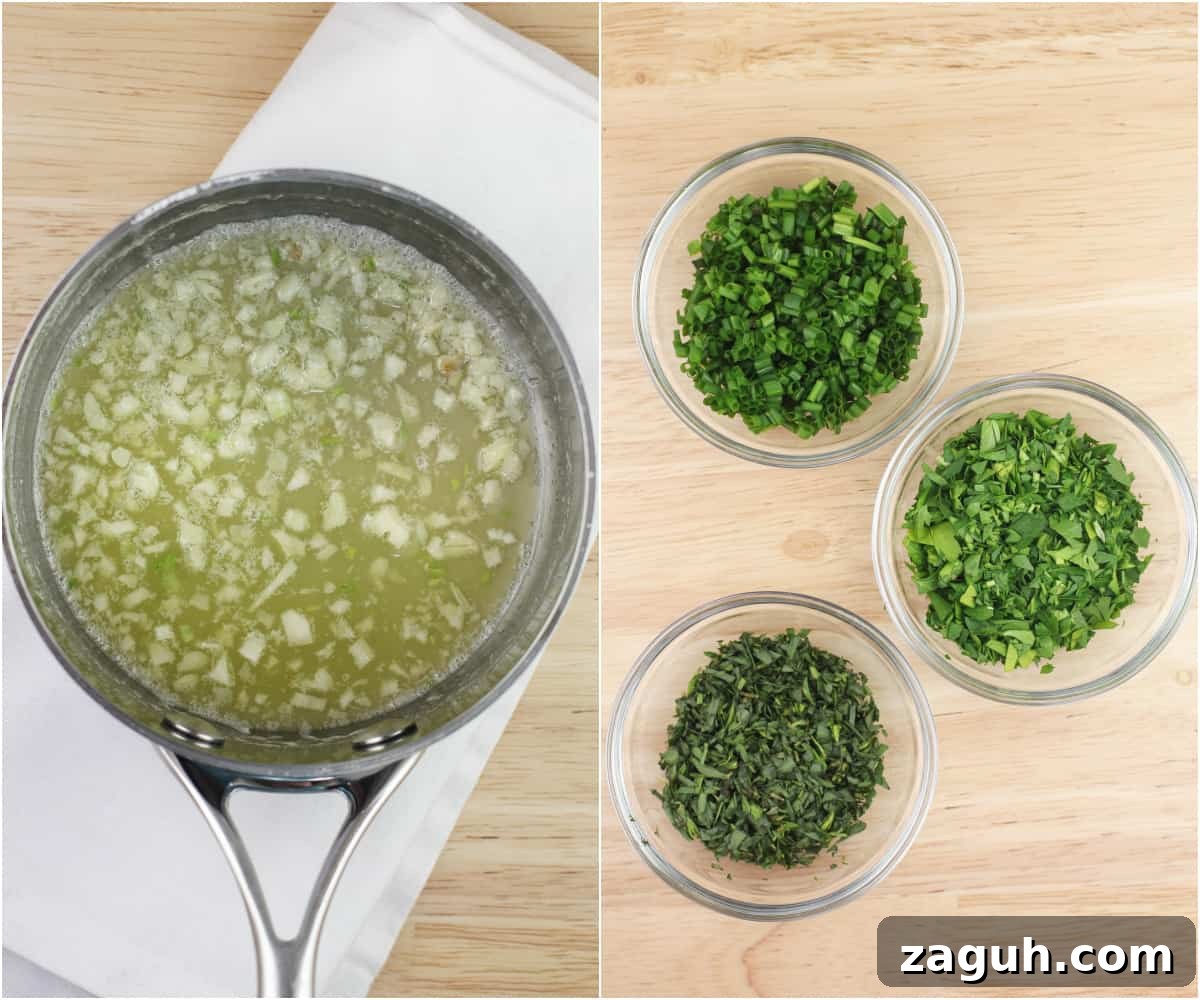 Creamy Gruyère, Garlic & Gouda Mashed Potatoes Recipe 7 collage of 2 photos: left, garlic and melted butter in saucepan; right, glass bowls with herbs parsley, tarragon, and chives