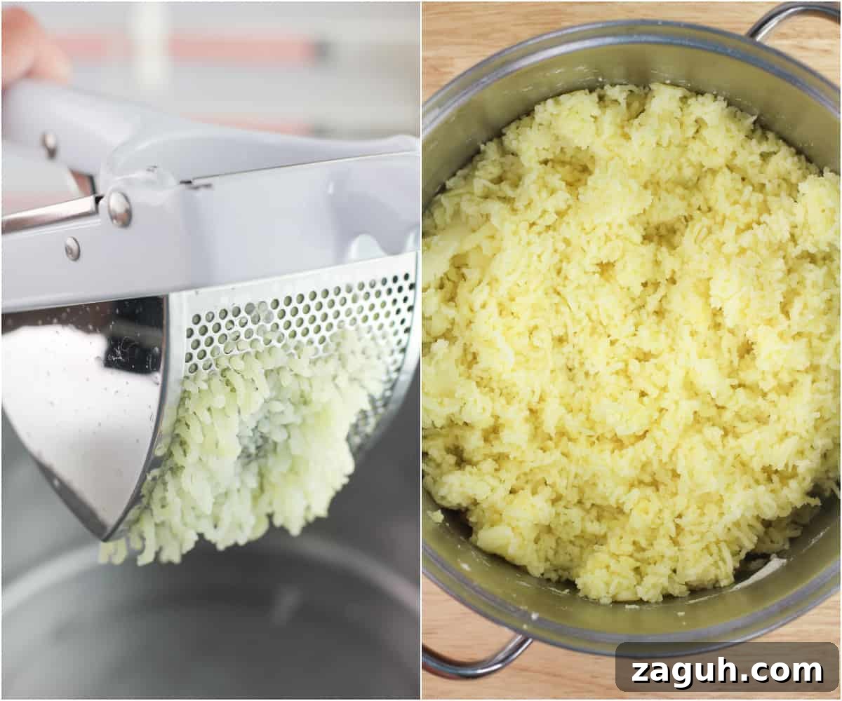 Creamy Gruyère, Garlic & Gouda Mashed Potatoes Recipe 8 collage of 2 photos; left, potato passing through potato ricer; right riced potatoes in pot