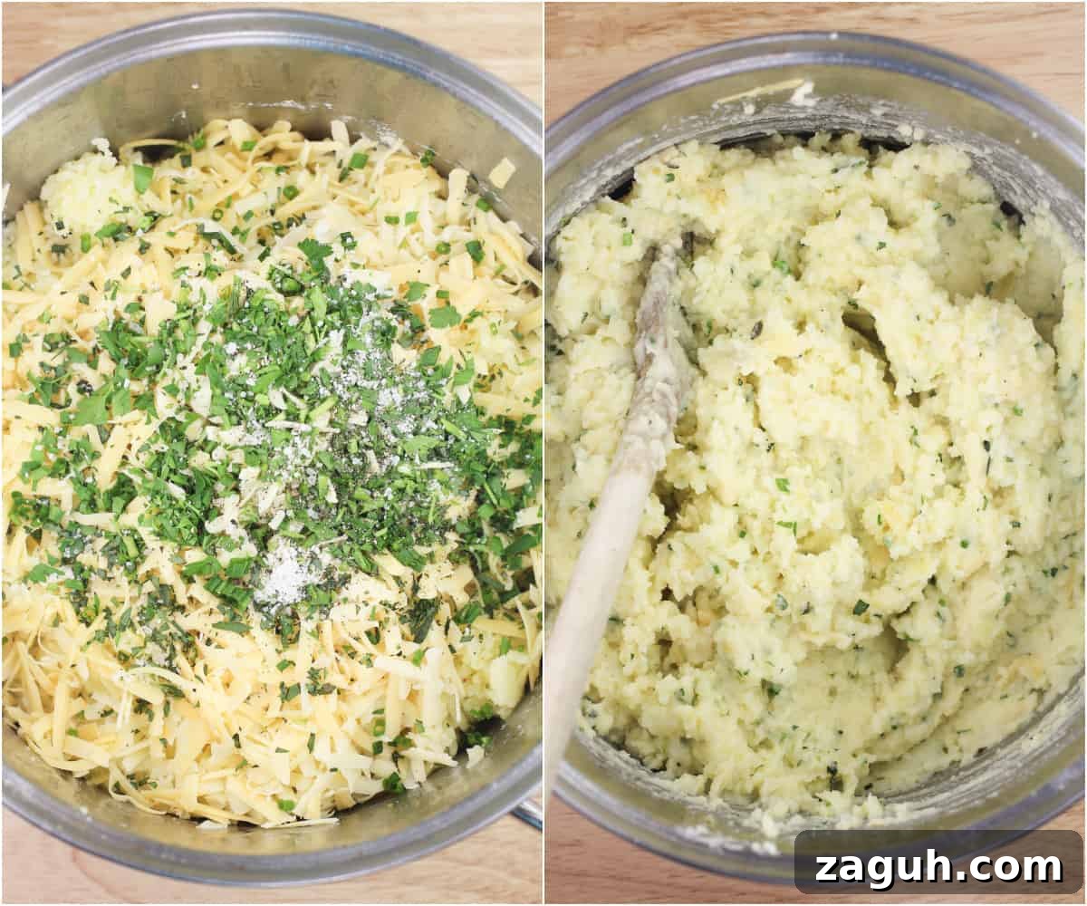 Creamy Gruyère, Garlic & Gouda Mashed Potatoes Recipe 9 collage of 2 photos: left, ingredients added to potatoes; right, ingredients stirred together with wood spoon