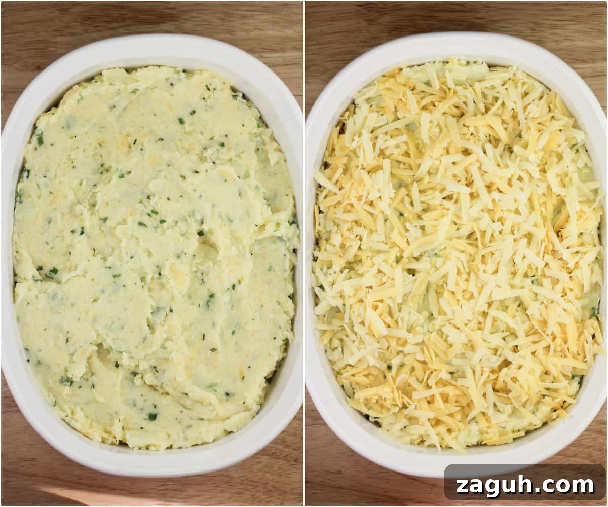 Creamy Gruyère, Garlic & Gouda Mashed Potatoes Recipe 10 collage of 2 photos: left, mashed potatoes in bake dish; right, mashed potatoes with cheese