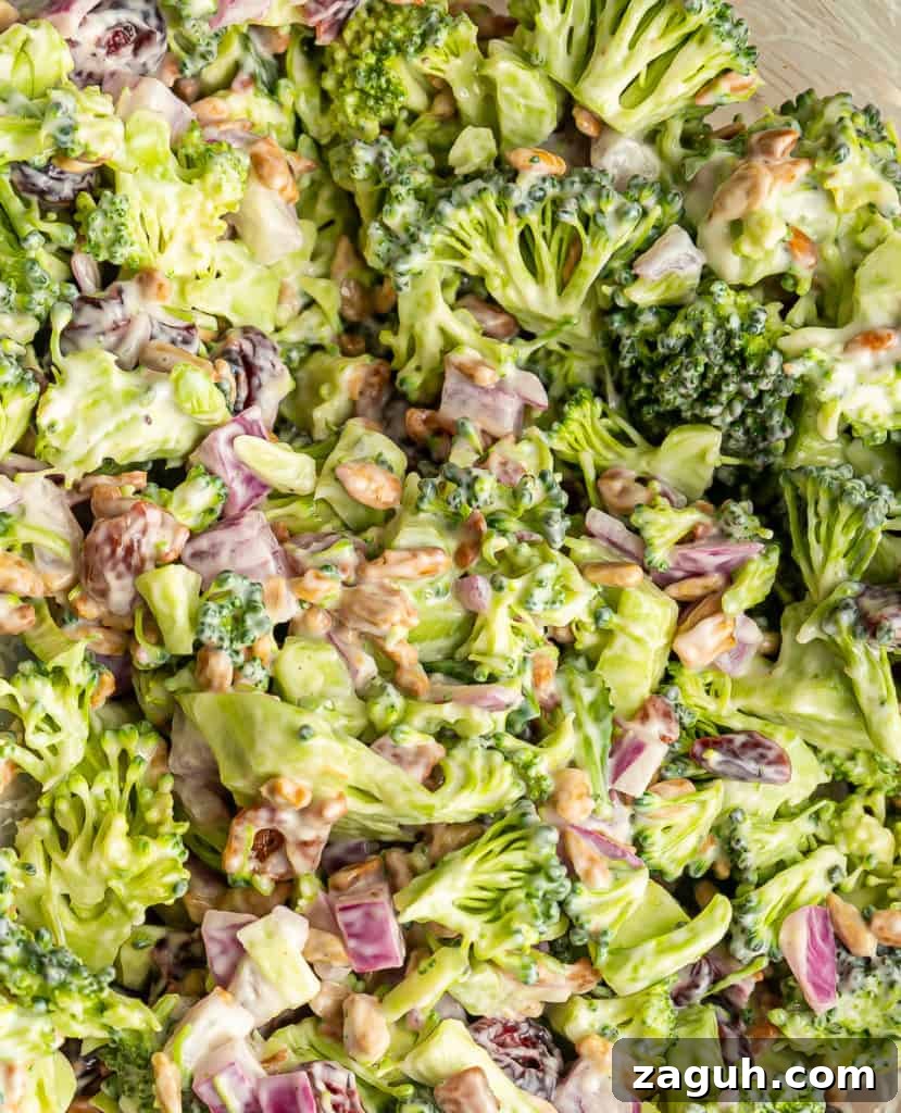 Crunchy Broccoli Salad with Bacon and Creamy Parmesan Dressing 5 detail up close of copycat Whole Food Broccoli Crunch Salad