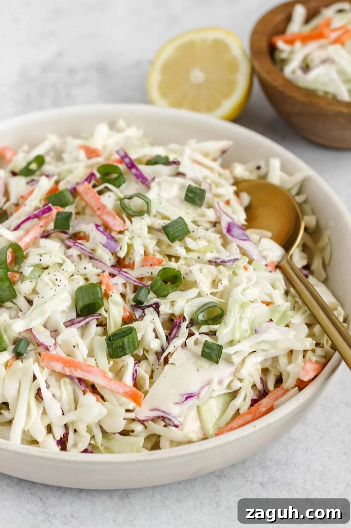 Creamy Paleo & Whole30 Coleslaw Recipe for Simple Sides 7 Creamy coleslaw topped with green onions in a serving bowl.
