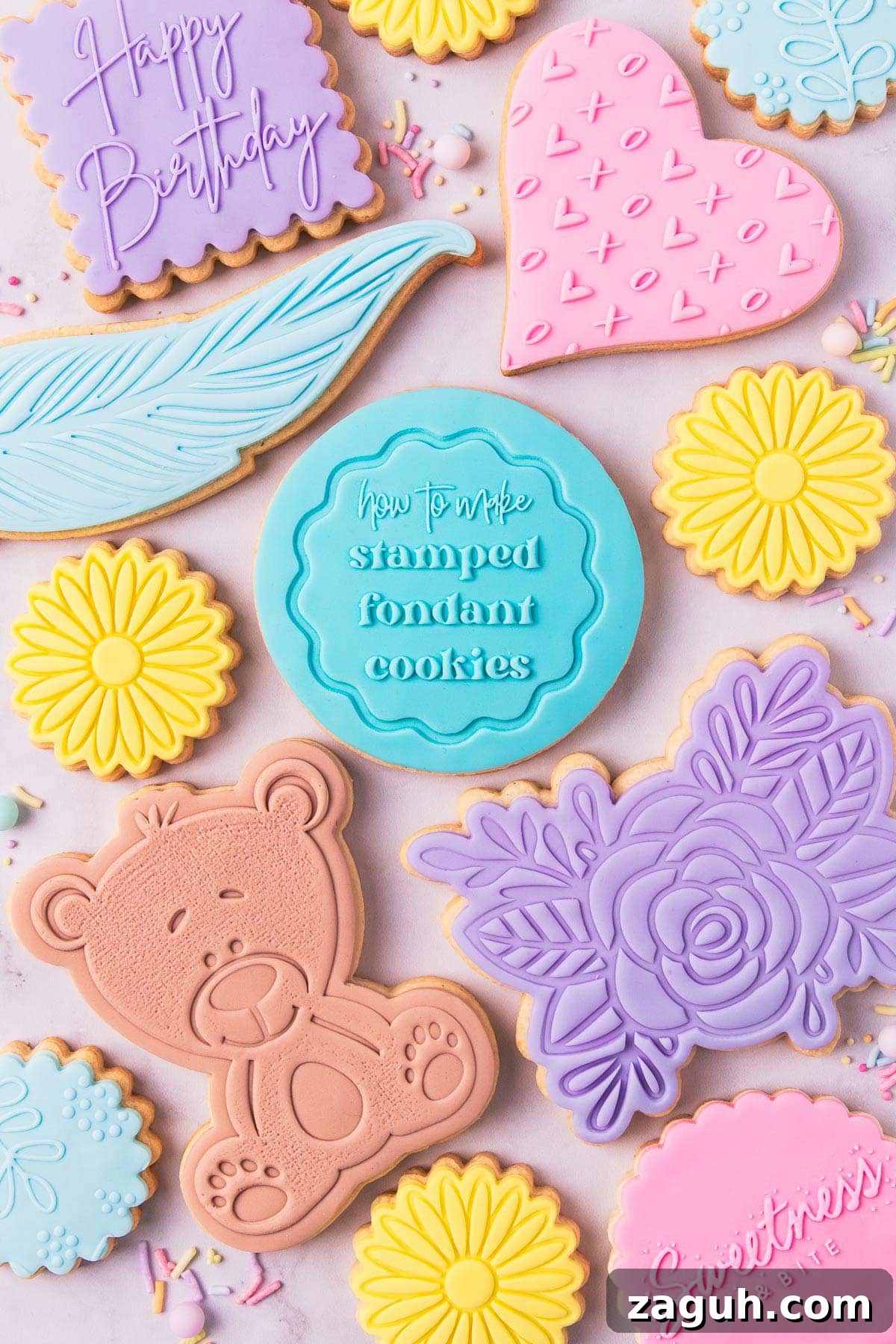 Stamped Fondant Cookies: Step-by-Step Guide for Beautiful Designs 2 Assorted stamped fondant cookies on a grey background, the middle cookie has a stamped design saying 'how to make stamped fondant cookies'.