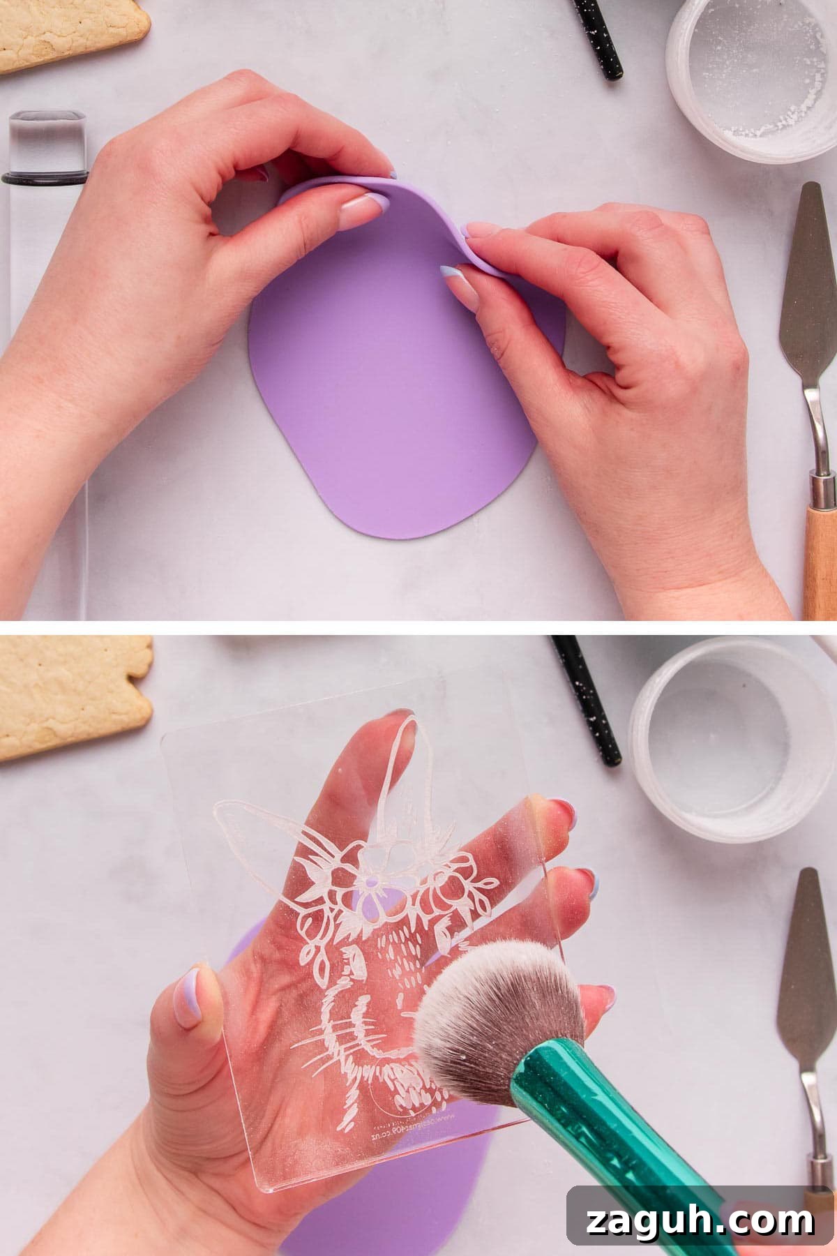 Stamped Fondant Cookies: Step-by-Step Guide for Beautiful Designs 9 Dusting an acrylic embossing stamp with cornstarch and pressing into fondant.