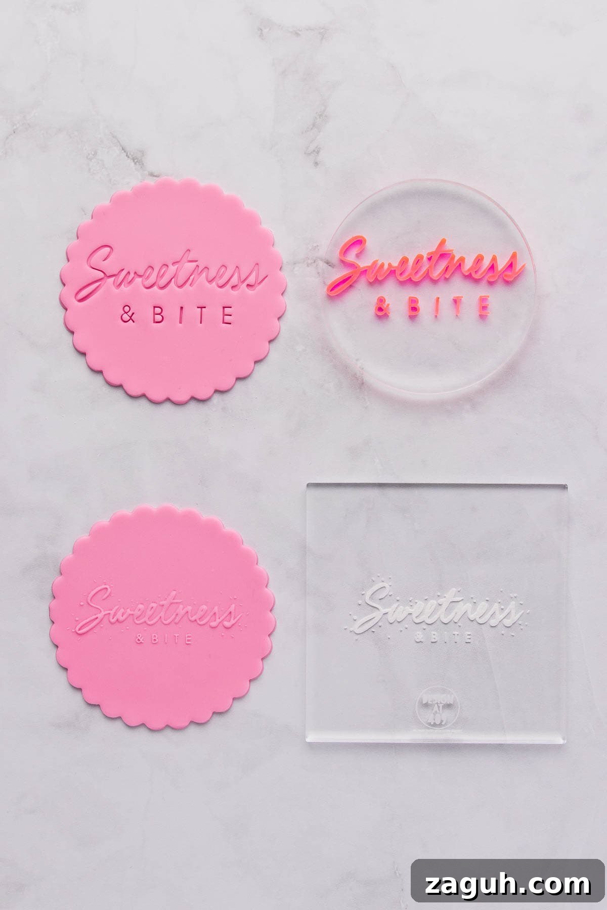 Stamped Fondant Cookies: Step-by-Step Guide for Beautiful Designs 4 A side by side comparison of a debossing stamp (imprinted design) and an embossing stamp (raised design), using the Sweetness & Bite logo.