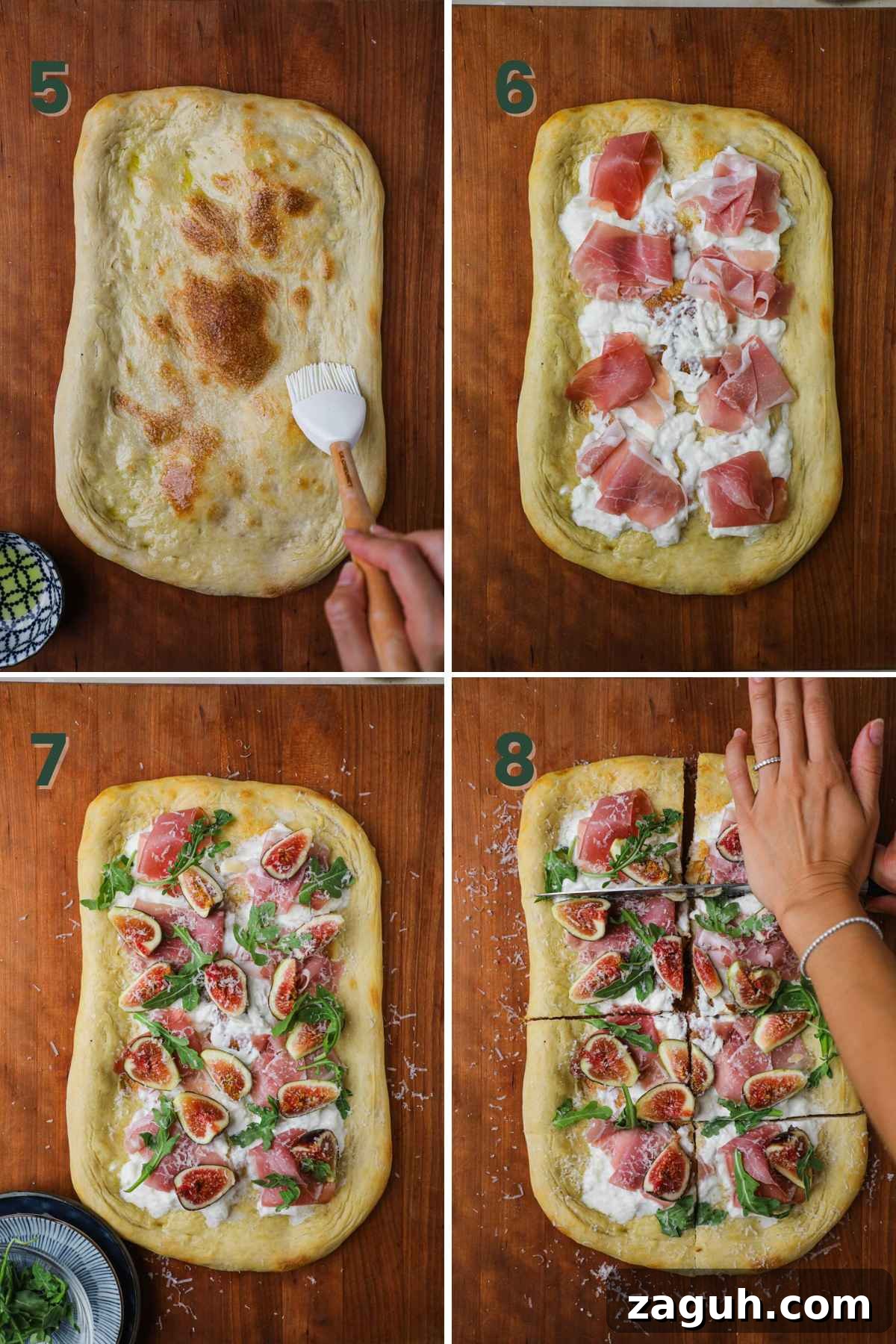 Fig, Burrata & Prosciutto Pizza with Honey and Arugula 5 Steps to make white fig prosciutto pizza, brush baked dough, then layer burrata, prosciutto, figs, and arugula, and slice.