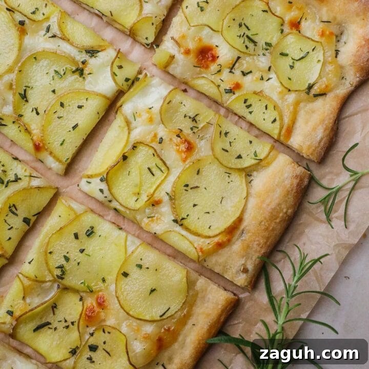 Authentic homemade yukon potato, garlic, and rosemary pizza, also known as pizza con patate.