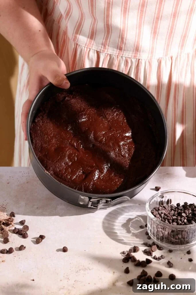 spread chocolate cake batter into cake tin