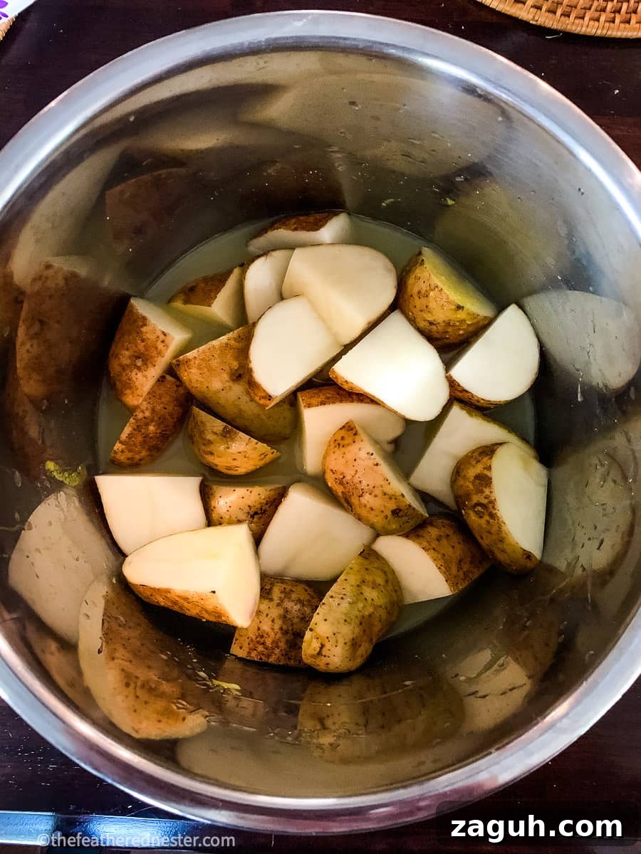 Instant Pot Mashed Potatoes Without Draining 6 Unpeeled potatoes cut into wedges, ready to pressure cook.