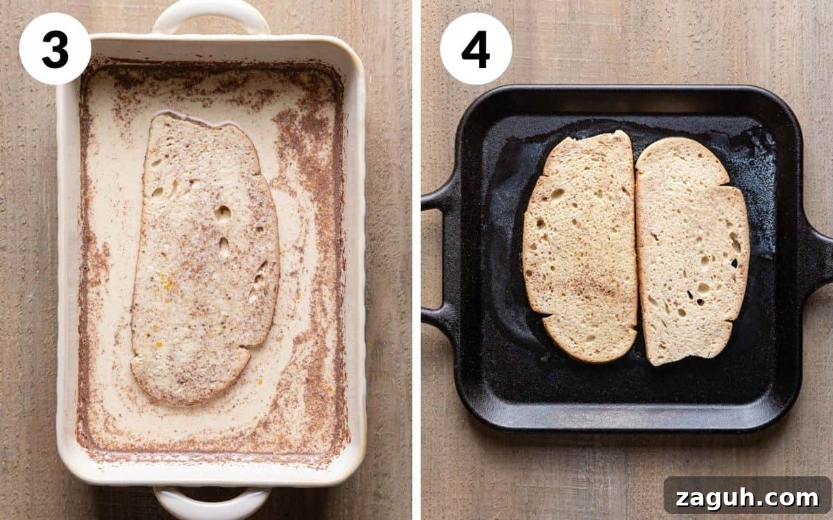 Sourdough French Toast Recipe with Crispy Edges and Custardy Center 5 one piece of sourdough in egg mixture & 2 pieces on skillet