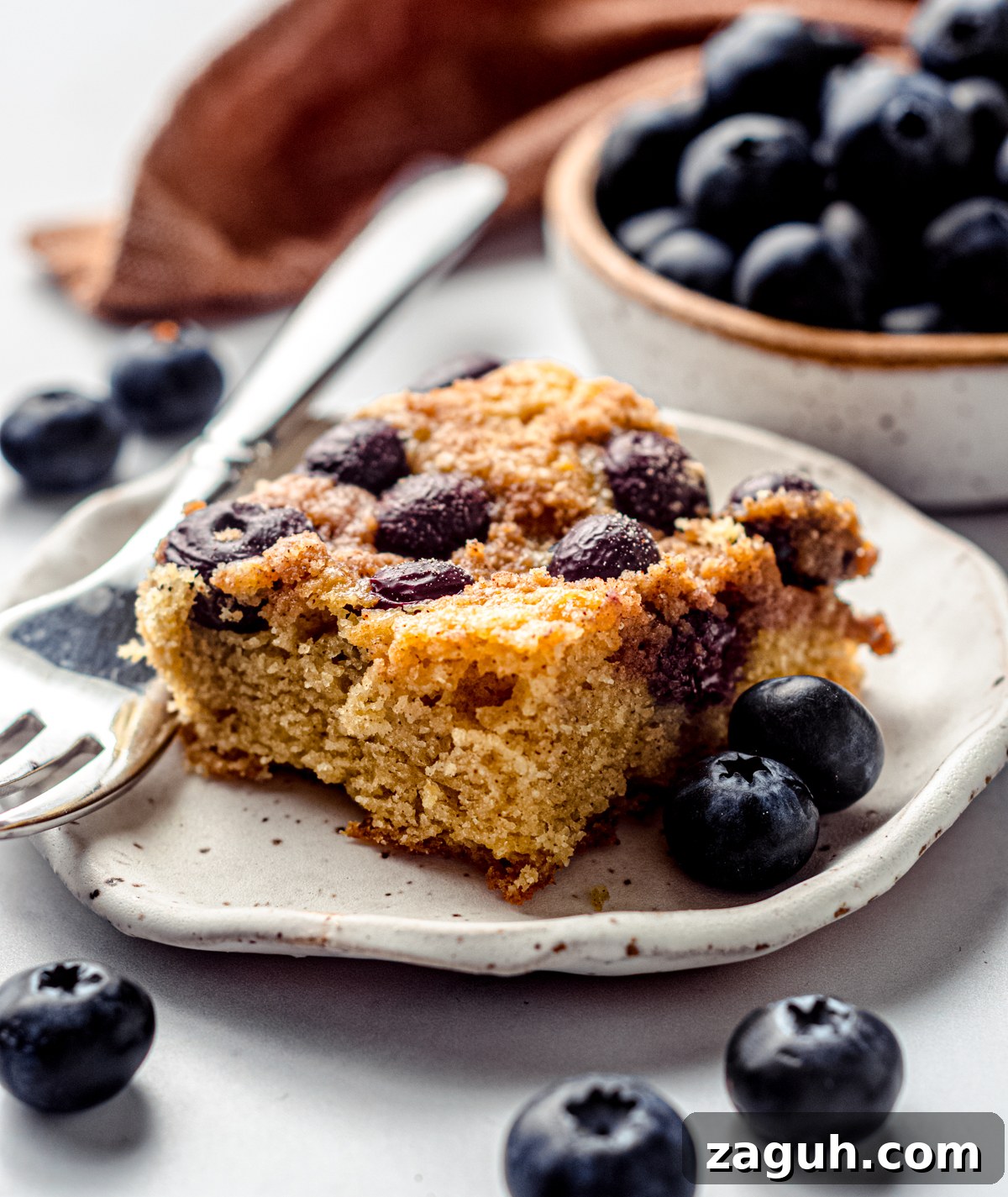 Moist Blueberry Sour Cream Coffee Cake Recipe 2 A slice of blueberry sour cream coffee cake on a plate with a fork.