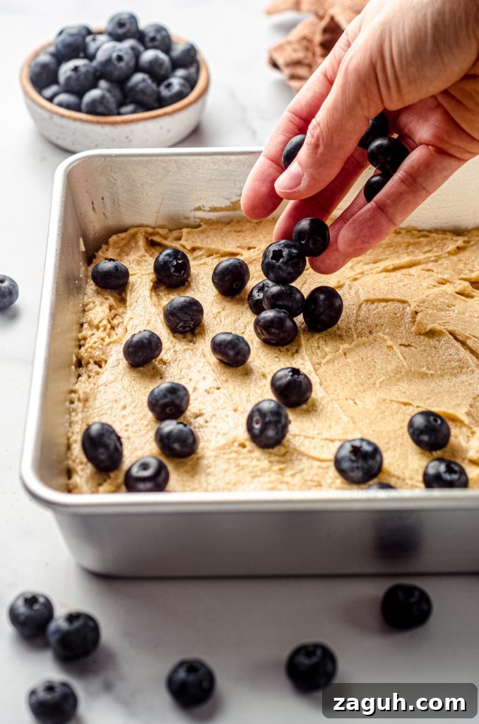 Moist Blueberry Sour Cream Coffee Cake Recipe 13 Someone is putting blueberries onto the surface of batter for coffee cake.