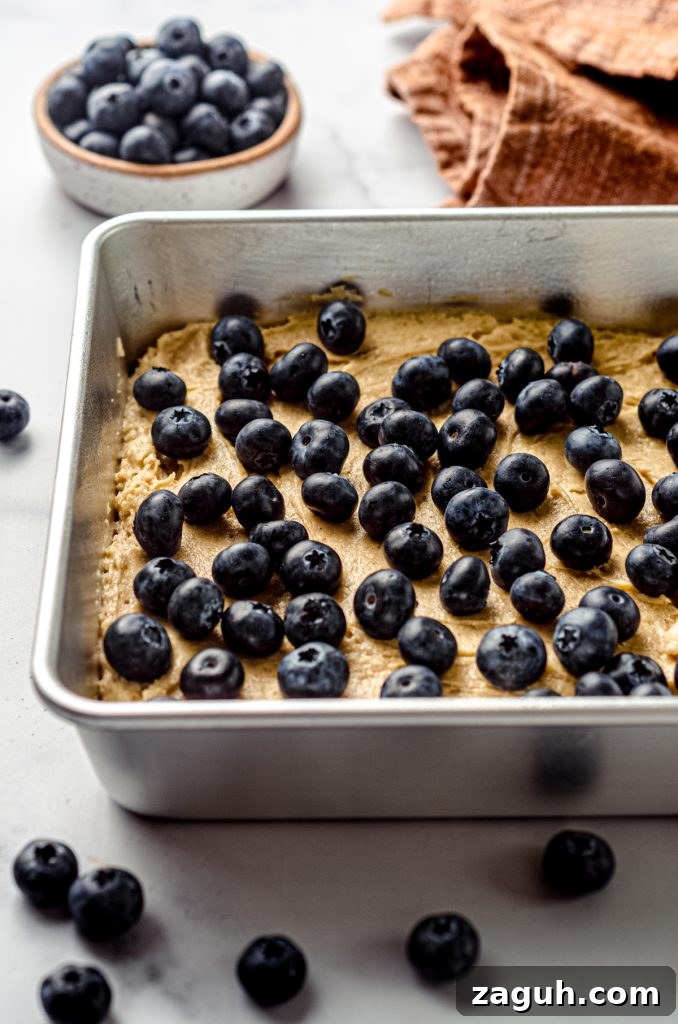 Moist Blueberry Sour Cream Coffee Cake Recipe 14 Blueberries on top of batter for coffee cake.