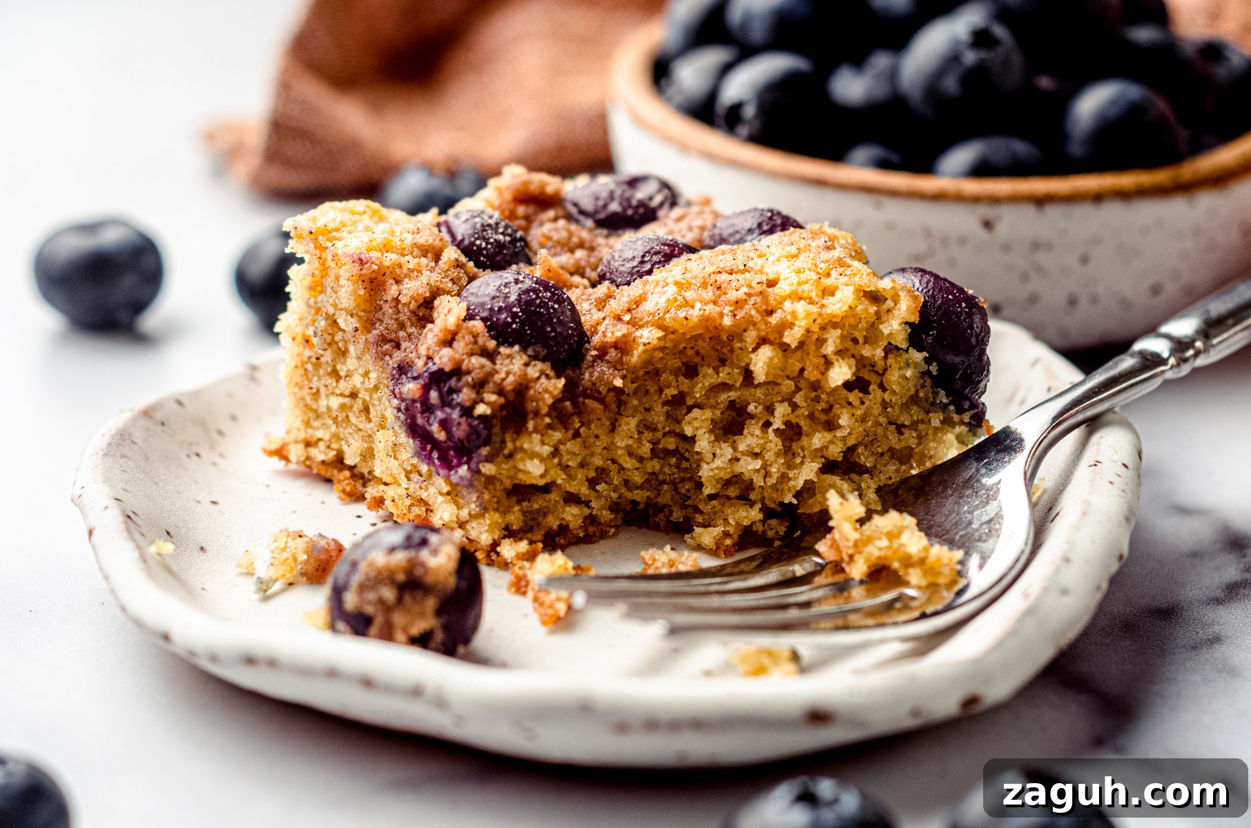 Moist Blueberry Sour Cream Coffee Cake Recipe 23 A slice of blueberry sour cream coffee cake on a plate with a fork.