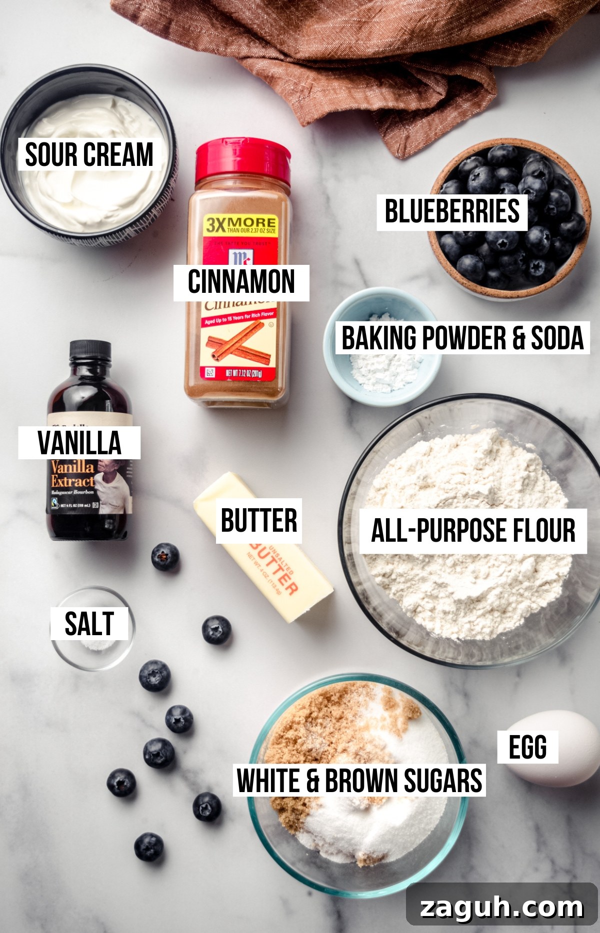Moist Blueberry Sour Cream Coffee Cake Recipe 5 Aerial photo of ingredients for blueberry coffee cake with text overlay.