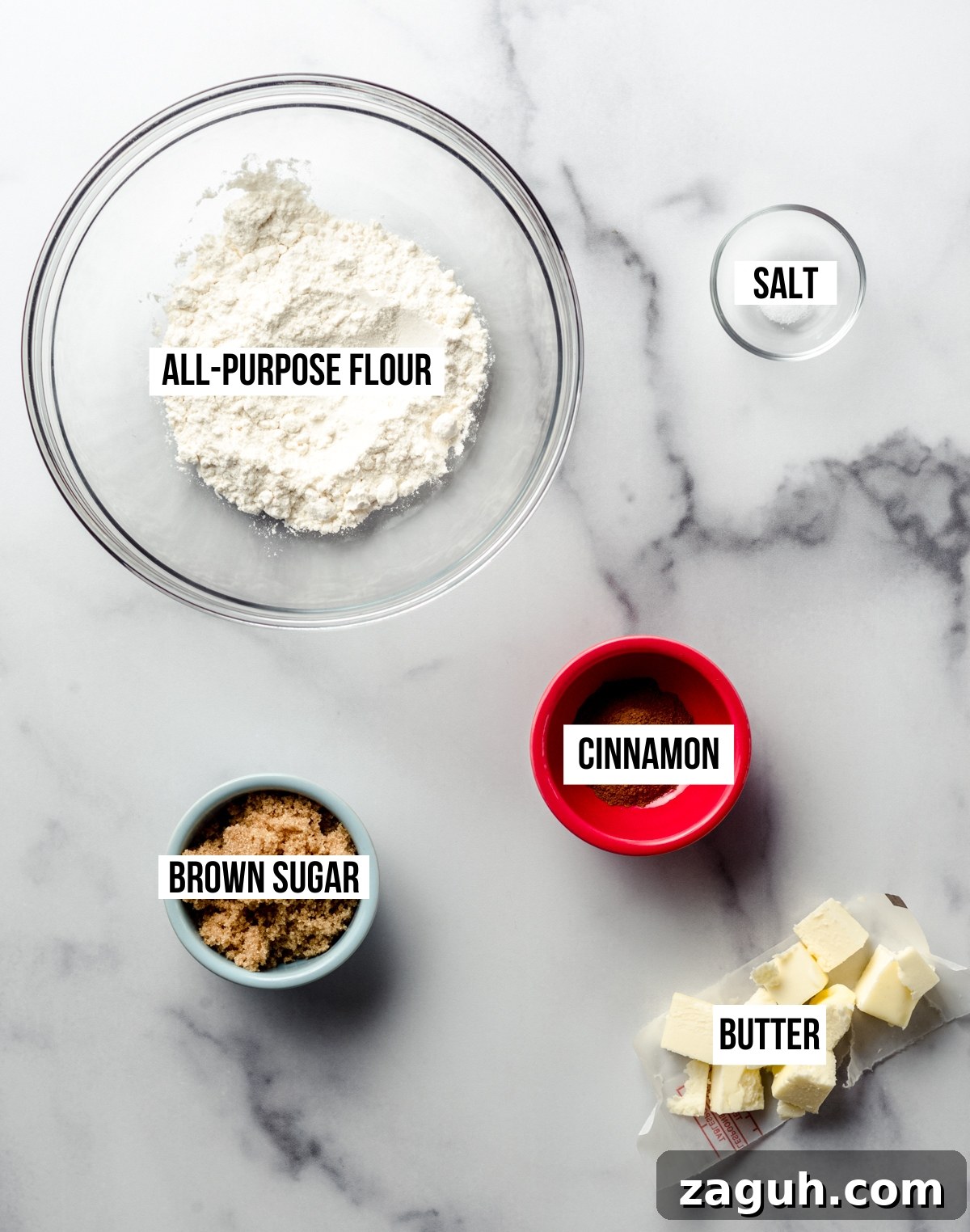 Moist Blueberry Sour Cream Coffee Cake Recipe 6 Aerial photo of ingredients for streusel topping with text overlay.