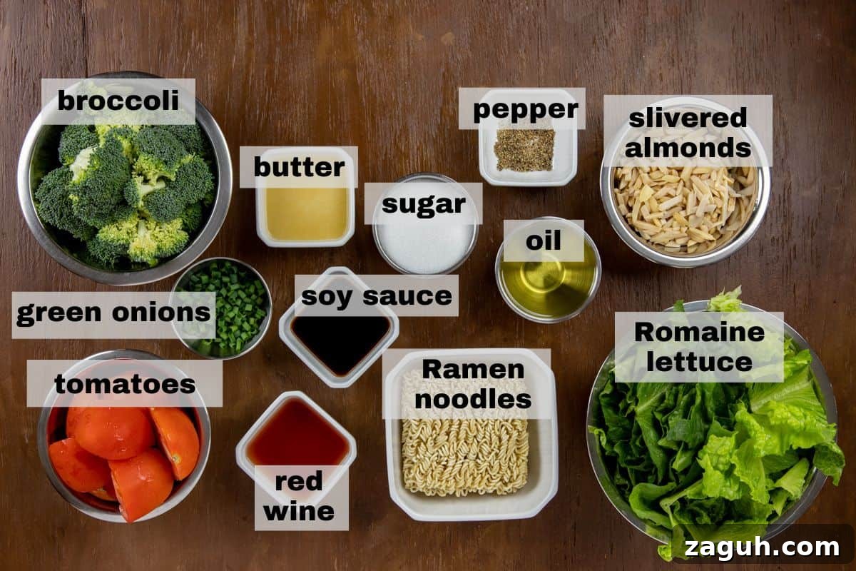 Asian Ramen Salad with Crunchy Vegetables and Sesame Dressing 3 ingredients measured out in individual containers
