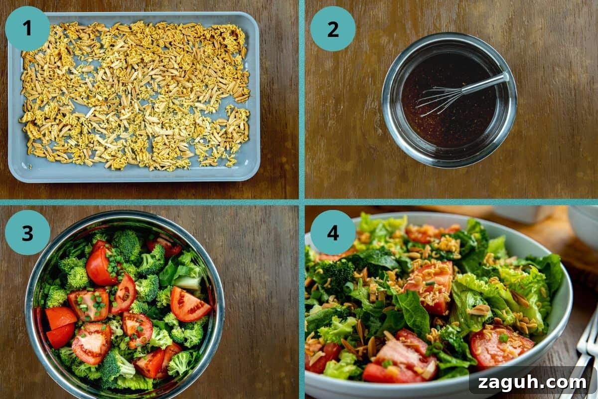 Asian Ramen Salad with Crunchy Vegetables and Sesame Dressing 4 photo collage of recipe steps