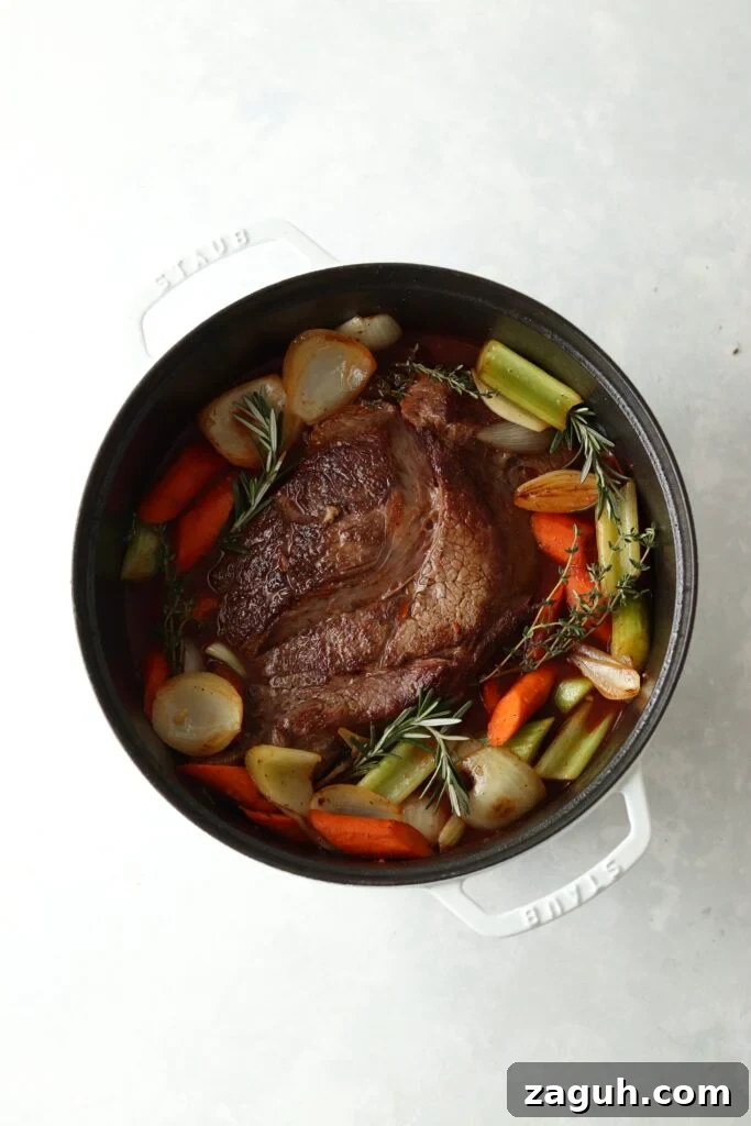 Oven-Braised Chuck Roast Recipe for Moist, Flavorful Beef 6 seared chuck roast in dutch oven
