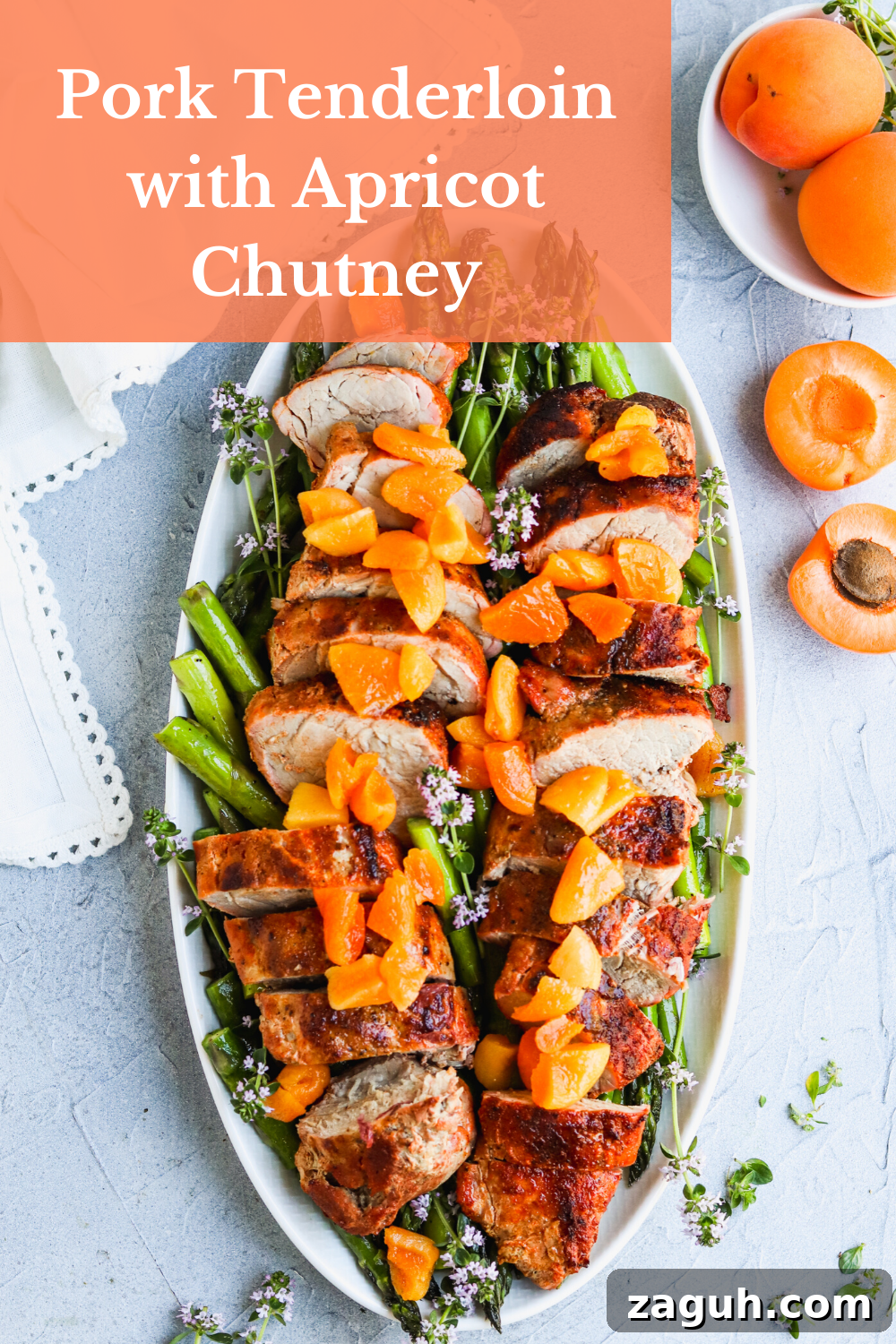 Pork tenderloin with apricot chutney is an easy and delicious dinner. Pork tenderloin cooks quickly, and adding asparagus makes this a complete meal. The apricot chutney is delicious! #porktenderloin #apricot #dinner