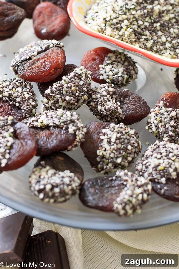 Chocolate-Dipped Apricots with Chia Seed Topping 3 chocolate chia apricots