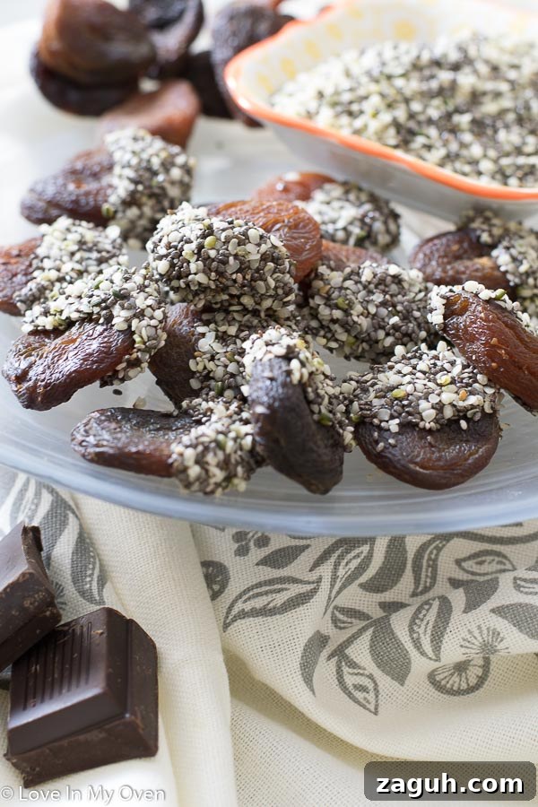 Chocolate-Dipped Apricots with Chia Seed Topping 4 chocolate chia apricots