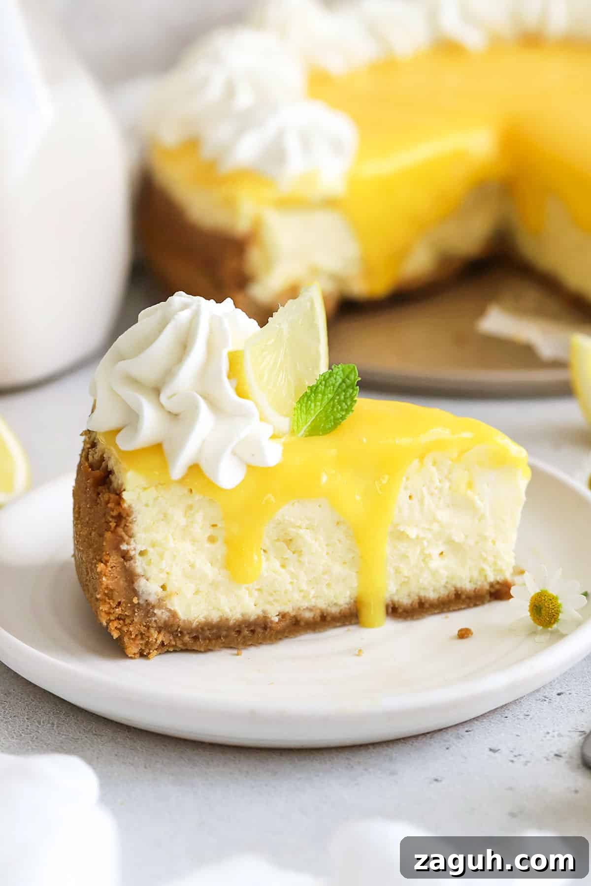 Gluten-Free Lemon Cheesecake Recipe — Zesty No-Bake Dessert 7 gluten-free lemon cheesecake sliced and topped with whipped cream