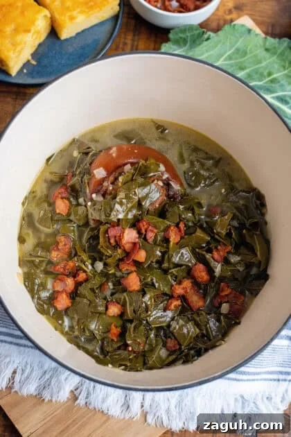 Authentic Southern Collard Greens Recipe That Melts in Your Mouth 16 Ready-to-eat collard greens in a Dutch oven.