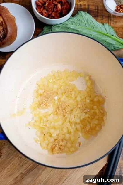 Authentic Southern Collard Greens Recipe That Melts in Your Mouth 10 Caramelized onions in a Dutch oven.