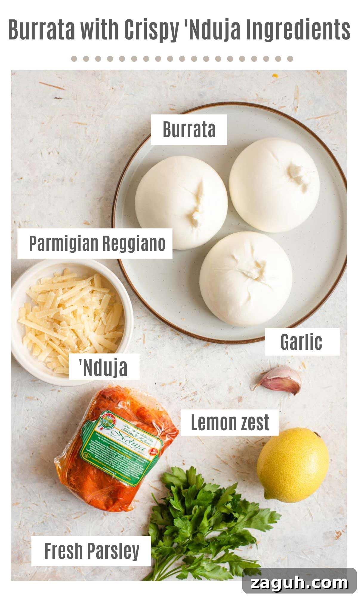 Burrata with Crispy ’Nduja and Bright Gremolata 3 An overhead shot of all the ingredients you need to make Burrata with 'Nduja and gremolata
