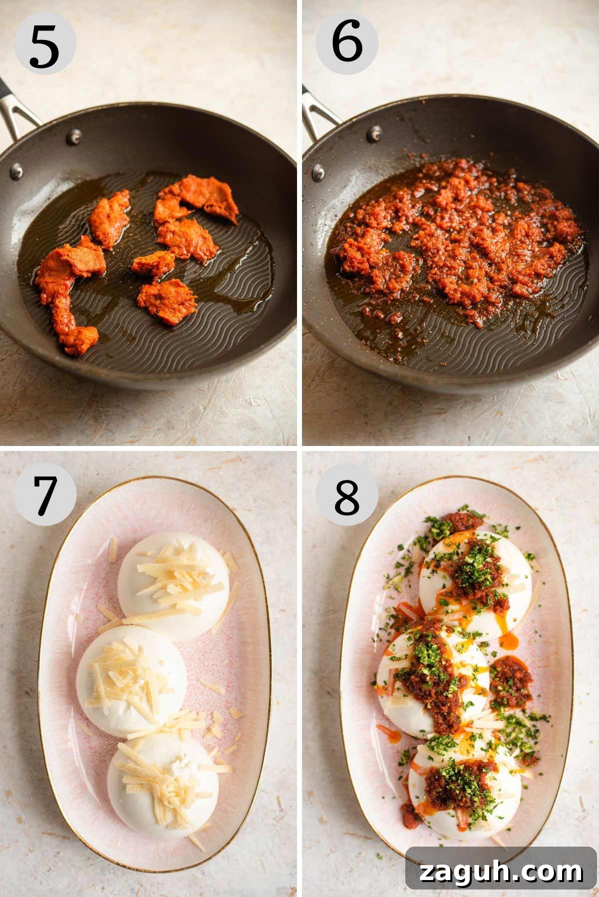Burrata with Crispy ’Nduja and Bright Gremolata 5 Step by step photos showing how to assemble a burrata appetizer