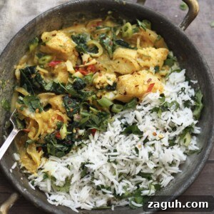 Quick Coconut Fish Curry with Lemongrass and Lime 8 Fish curry in a metal serving dish with coriander rice.